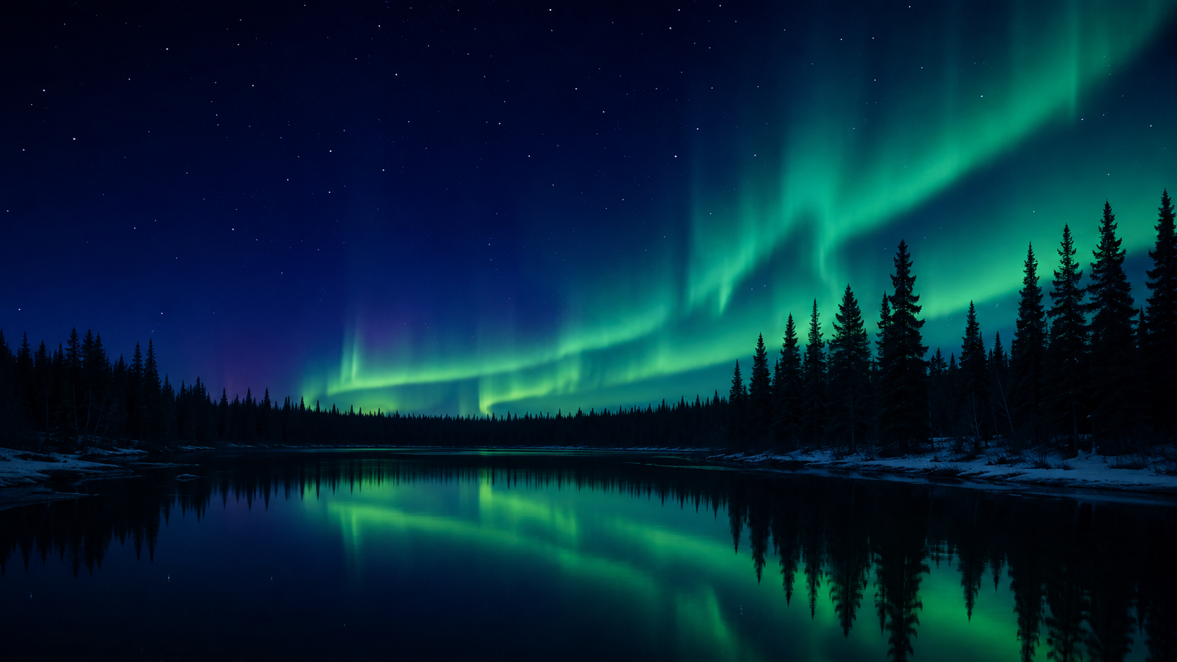 Northern Canadian lake beneath green aurora